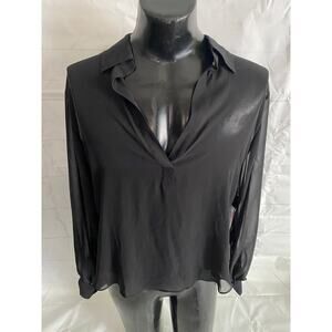 Bisou Bisou Black Sheer 1/2 Button Up Long Sleeve Shirt Women’s LARGE NWT NEW #